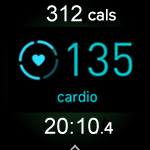 Exercise with a heart rate of 135 bpm, labeled as being in the cardio zone